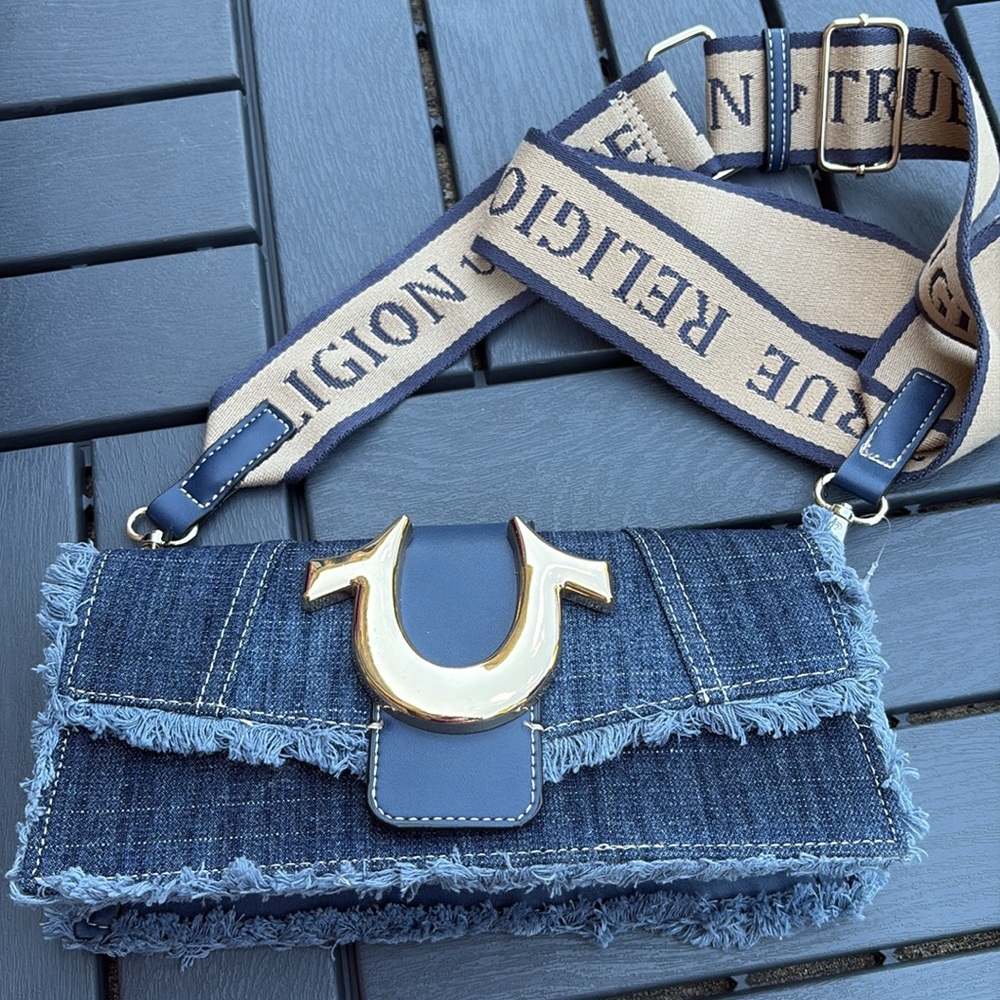 True Religion Blue Denim Crossbody Bag with Gold Accent